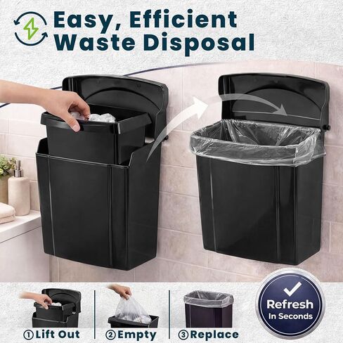 Alpine Sanitary Napkin Receptacle - Feminine Hygiene Disposal Container, Wall Mounted Trash Can with Odor Control Seal & Installation Hardware (Black) in Kuwait