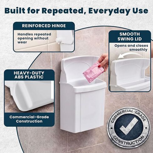 Alpine Sanitary Napkin Receptacle - Feminine Hygiene Disposal Container, Wall Mounted Trash Can with Odor Control Seal & Installation Hardware (White) in Kuwait