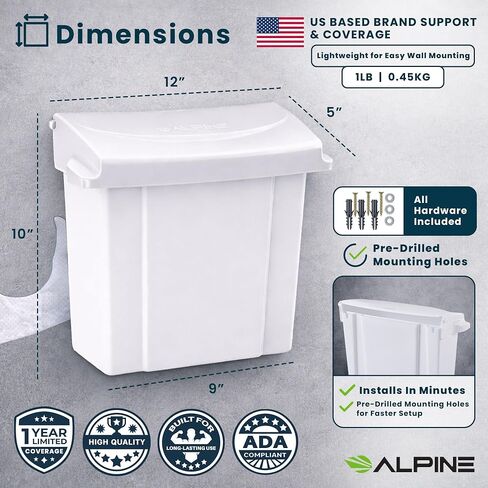 Alpine Sanitary Napkin Receptacle - Feminine Hygiene Disposal Container, Wall Mounted Trash Can with Odor Control Seal & Installation Hardware (White) in Kuwait