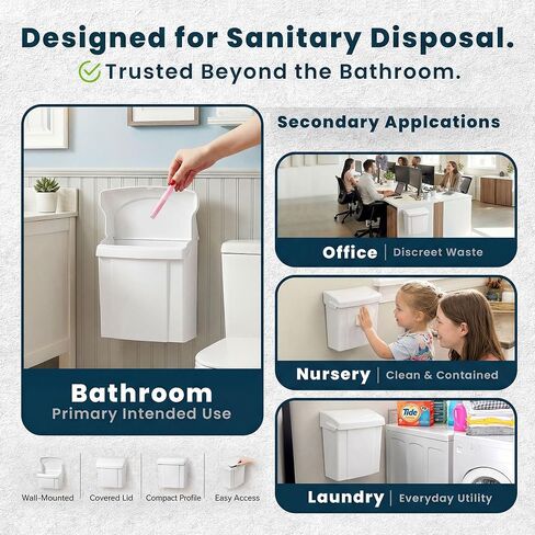 Alpine Sanitary Napkin Receptacle - Feminine Hygiene Disposal Container, Wall Mounted Trash Can with Odor Control Seal & Installation Hardware (White) in Kuwait