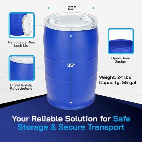 Air Sea Containers - 55 Gallon Open-Head UN Rated Plastic Drum w/Ring Lock Lid - Lightweight, Versatile & Durable Storage Buckets with Lids in Kuwait