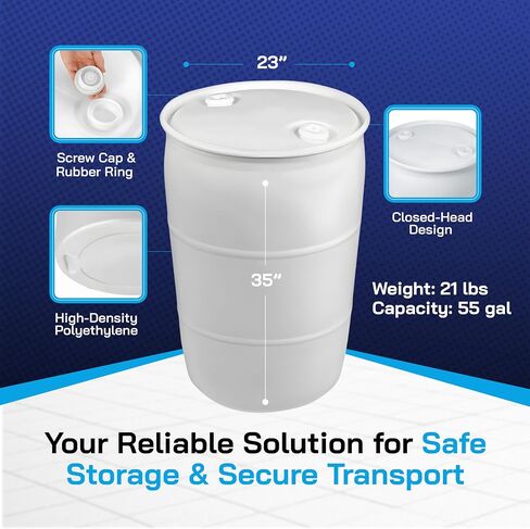 Air Sea Containers - 55 Gallon Drum Closed-Head UN Rated Poly Drum with Screw Cap & Rubber Ring - for Industrial, Commercial & Overseas Use in Kuwait