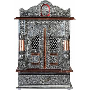 Metal Pooja Mandir Temple, Silver and Copper Finish, Intricate Floral Embossed Design, with Doors and Drawer in Kuwait