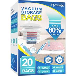 Fygrip Vacuum Storage Bags with Hand Pump, Plastic Packaging Bags, 80% Space Saver Vacuum Seal Bags for Clothing, Travel Lugggage, Blankets, Comforters, 20 Combo in Kuwait