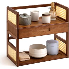 Yalikop Bamboo Matcha Station Organizer 2 Tier Countertops Stand Shelf with Hidden Drawer Coffee Station Organizer for Whisk Set Bowl Cup Mug, Home Kitchen Bars 15.75" x 7.87" x 15.35"(Brown) in Saudi Arabia
