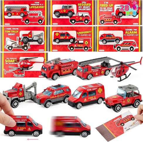 JOYIN 28 Pack Valentines Party Gift Cards with Mini Construction Vehicle Toy Set for Kids Valentine's Classroom Exchange Prizes in Kuwait