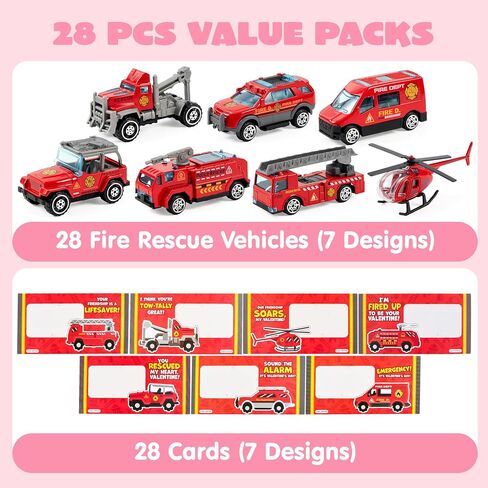 JOYIN 28 Pack Valentines Party Gift Cards with Mini Construction Vehicle Toy Set for Kids Valentine's Classroom Exchange Prizes in Kuwait