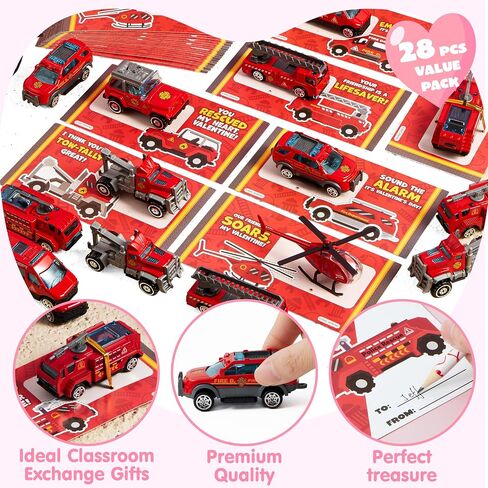 JOYIN 28 Pack Valentines Party Gift Cards with Mini Construction Vehicle Toy Set for Kids Valentine's Classroom Exchange Prizes in Kuwait