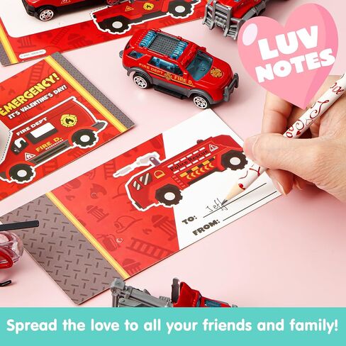 JOYIN 28 Pack Valentines Party Gift Cards with Mini Construction Vehicle Toy Set for Kids Valentine's Classroom Exchange Prizes in Kuwait