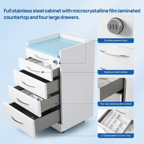 JMU 4 Drawer Dental Mobile Cabinet Full Stainless Steel with Password Lock Lockable Silent Casters, for Clinics, Medical, Hospital, Model #C06, White in Kuwait