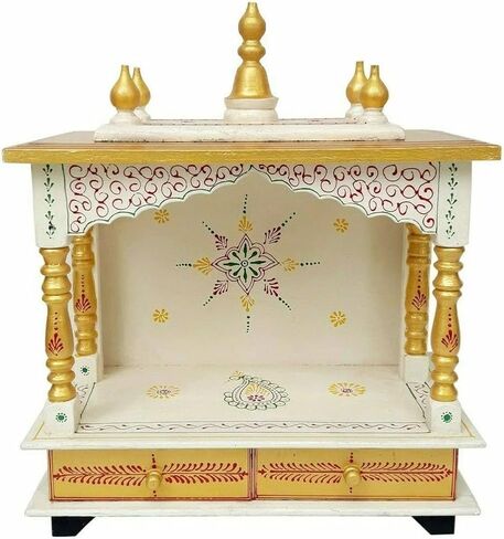 Wooden Hindu Temple Mandir, Hand-Painted White and Gold, Traditional Style, with Storage Drawers in Kuwait