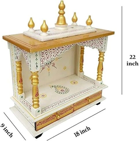 Wooden Hindu Temple Mandir, Hand-Painted White and Gold, Traditional Style, with Storage Drawers in Kuwait