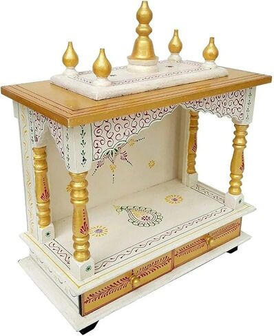 Wooden Hindu Temple Mandir, Hand-Painted White and Gold, Traditional Style, with Storage Drawers in Kuwait