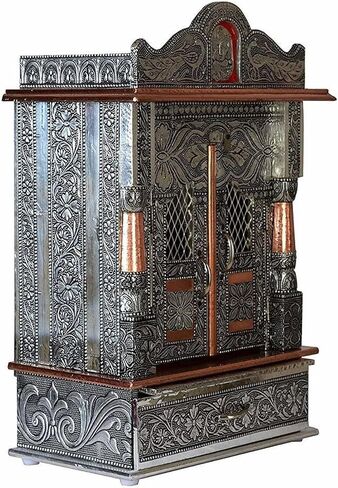 Metal Pooja Mandir Temple, Silver and Copper Finish, Intricate Floral Embossed Design, with Doors and Drawer in Kuwait
