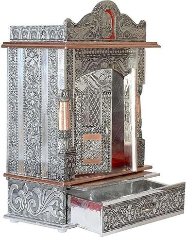 Metal Pooja Mandir Temple, Silver and Copper Finish, Intricate Floral Embossed Design, with Doors and Drawer in Kuwait