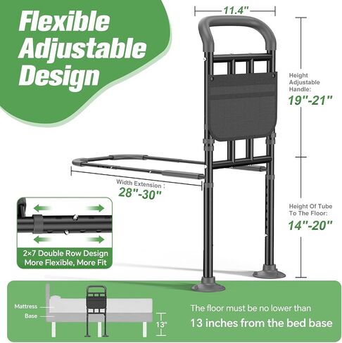 Bed Rails for Elderly Adults Safety with Ergonomic Padded Handle, ASTM Approved Adjustable Bed Assist Rail for Seniors, 400lb Weight Capacity, Fixing Strap&Storage Pocket, Fits Twin/Full/Queen/King in Kuwait