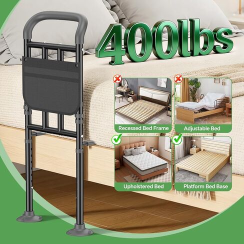 Bed Rails for Elderly Adults Safety with Ergonomic Padded Handle, ASTM Approved Adjustable Bed Assist Rail for Seniors, 400lb Weight Capacity, Fixing Strap&Storage Pocket, Fits Twin/Full/Queen/King in Kuwait