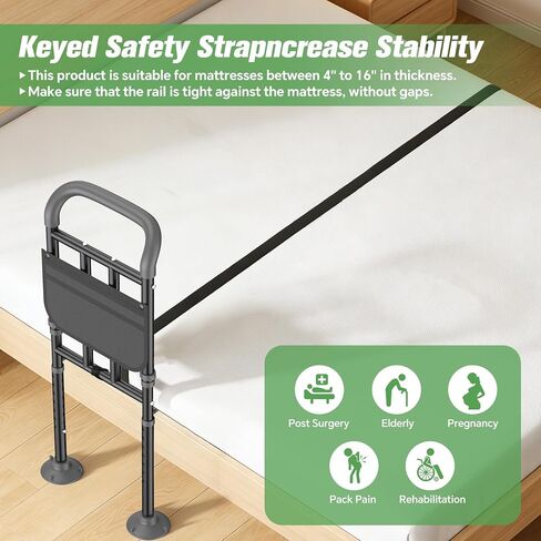 Bed Rails for Elderly Adults Safety with Ergonomic Padded Handle, ASTM Approved Adjustable Bed Assist Rail for Seniors, 400lb Weight Capacity, Fixing Strap&Storage Pocket, Fits Twin/Full/Queen/King in Kuwait