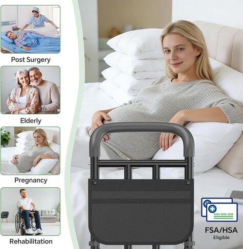 Bed Rails for Elderly Adults Safety with Ergonomic Padded Handle, ASTM Approved Adjustable Bed Assist Rail for Seniors, 400lb Weight Capacity, Fixing Strap&Storage Pocket, Fits Twin/Full/Queen/King in Kuwait
