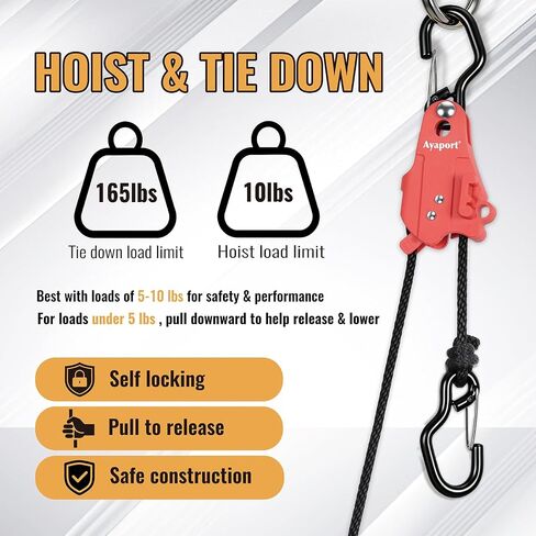 Ayaport Rope Hoist & Tightener, Pull-Release Self-Locking, 2Pack | 1/4"x15' hoist loads within 10lbs for Toy Storage, Sports Balls Nets, Grow Light, Balcony Planter, Garage & Patio Accessories in Kuwait