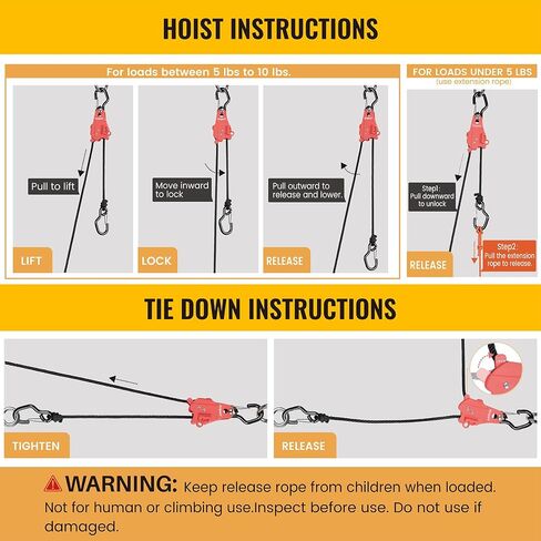 Ayaport Rope Hoist & Tightener, Pull-Release Self-Locking, 2Pack | 1/4"x15' hoist loads within 10lbs for Toy Storage, Sports Balls Nets, Grow Light, Balcony Planter, Garage & Patio Accessories in Kuwait