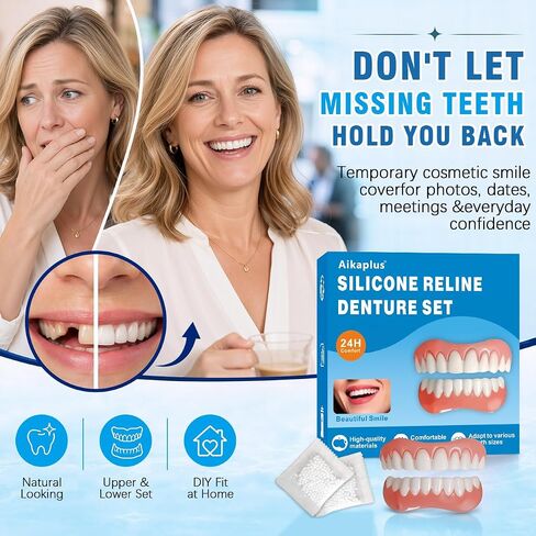 Fix Your Smile with Temporary Dentures for Men & Women, Moldable False Teeth Veneers for Missing, Chipped & Yellow-Looking Teeth, Upper & Lower Cosmetic Smile Cover, Natural-Looking DIY Fit Kit in Kuwait