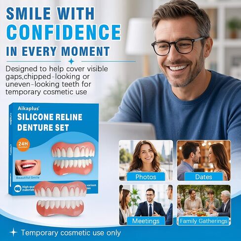 Fix Your Smile with Temporary Dentures for Men & Women, Moldable False Teeth Veneers for Missing, Chipped & Yellow-Looking Teeth, Upper & Lower Cosmetic Smile Cover, Natural-Looking DIY Fit Kit in Kuwait