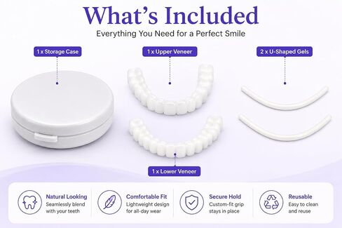 Temporary Veneers for Women & Men – Natural Looking Snap-On Smile Cover, Comfortable Cosmetic Teeth for a Confident Smile, Reusable Upper & Lower Veneers Kit in Kuwait