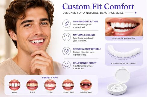 Temporary Veneers for Women & Men – Natural Looking Snap-On Smile Cover, Comfortable Cosmetic Teeth for a Confident Smile, Reusable Upper & Lower Veneers Kit in Kuwait