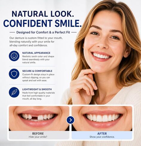 Natural Looking False, Temporary Denture Kit for Men & Women – Top & Bottom Custom Fit Teeth with Moldable Wax, Natural-Looking Smile Solution for At-Home Use in Kuwait