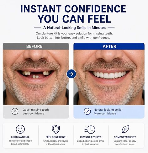 Natural Looking False, Temporary Denture Kit for Men & Women – Top & Bottom Custom Fit Teeth with Moldable Wax, Natural-Looking Smile Solution for At-Home Use in Kuwait