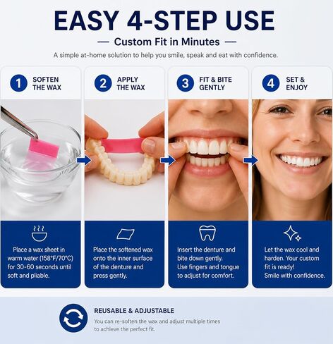 Natural Looking False, Temporary Denture Kit for Men & Women – Top & Bottom Custom Fit Teeth with Moldable Wax, Natural-Looking Smile Solution for At-Home Use in Kuwait