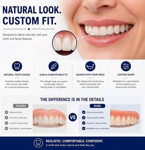 Natural Looking False, Temporary Denture Kit for Men & Women – Top & Bottom Custom Fit Teeth with Moldable Wax, Natural-Looking Smile Solution for At-Home Use in Kuwait