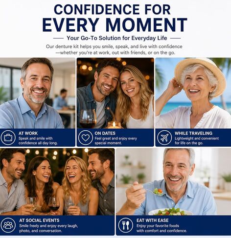 Natural Looking False, Temporary Denture Kit for Men & Women – Top & Bottom Custom Fit Teeth with Moldable Wax, Natural-Looking Smile Solution for At-Home Use in Kuwait