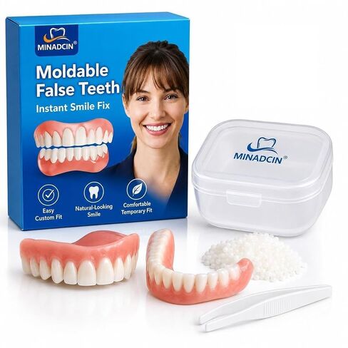 Moldable False Teeth for Women & Men, Upper & Lower Temporary Denture Set, Custom-Fit Cosmetic Smile Cover for Missing, Chipped, Uneven & Yellow-Looking Teeth, At-Home Smile Kit, 1 Pack in Kuwait
