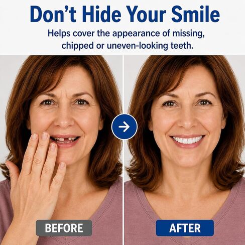 Moldable False Teeth for Women & Men, Upper & Lower Temporary Denture Set, Custom-Fit Cosmetic Smile Cover for Missing, Chipped, Uneven & Yellow-Looking Teeth, At-Home Smile Kit, 1 Pack in Kuwait