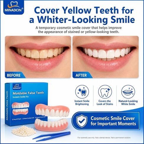 Moldable False Teeth for Women & Men, Upper & Lower Temporary Denture Set, Custom-Fit Cosmetic Smile Cover for Missing, Chipped, Uneven & Yellow-Looking Teeth, At-Home Smile Kit, 1 Pack in Kuwait