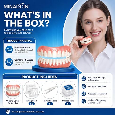 Moldable False Teeth for Women & Men, Upper & Lower Temporary Denture Set, Custom-Fit Cosmetic Smile Cover for Missing, Chipped, Uneven & Yellow-Looking Teeth, At-Home Smile Kit, 1 Pack in Kuwait