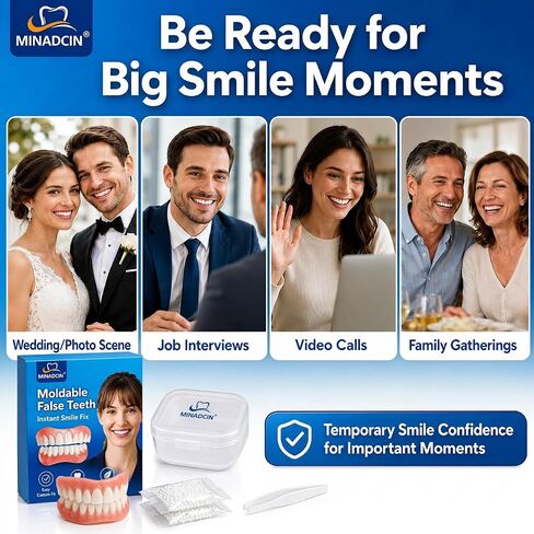 Moldable False Teeth for Women & Men, Upper & Lower Temporary Denture Set, Custom-Fit Cosmetic Smile Cover for Missing, Chipped, Uneven & Yellow-Looking Teeth, At-Home Smile Kit, 1 Pack in Kuwait