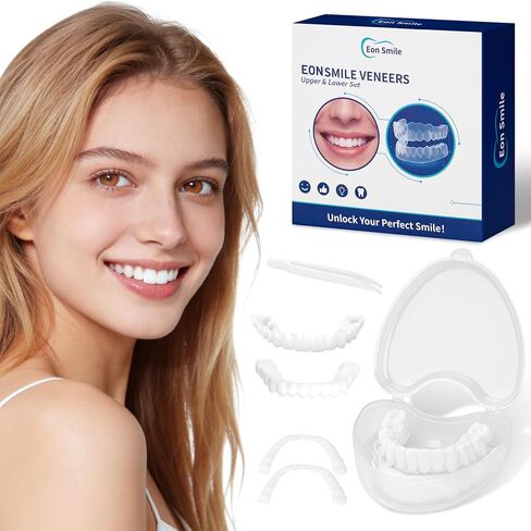 Snap On Veneers - Instant Clip in Fake Teeth for Women, Natural White Veneers for Smile Makeover, Temporary Cosmetic Teeth Covers with Cute Transparent Heart Travel Case in Kuwait