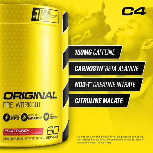 C4 Original Pre Workout Powder Fruit Punch - Vitamin C for Immune Support - Sugar Free Preworkout Energy for Men & Women - 150mg Caffeine + Beta Alanine + Creatine - 60 Servings in Kuwait