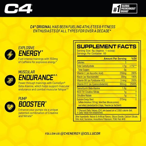 C4 Original Pre Workout Powder Fruit Punch - Vitamin C for Immune Support - Sugar Free Preworkout Energy for Men & Women - 150mg Caffeine + Beta Alanine + Creatine - 60 Servings in Kuwait