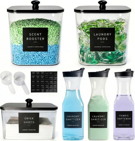 3+2 Pack Laundry Pods Containers & Dryer Sheet Holder & Laundry Detergent Dispenser, Laundry Room Organization and Storage Jars with Lids, Labels and Scoops for Scent Booster, Powder, Pods in Kuwait