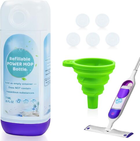 زجاجة ممسحة كهربائية قابلة لإعادة الملء من أجل Swiffer PowerMop، زجاجة فارغة قابلة لإعادة الاستخدام لممسحة الطاقة، حاوية محلول HDPE مقاومة للتسرب سعة 26 أونصة سائلة مع 5 حشوات من السيليكون وقمع قابل للطي in Kuwait
