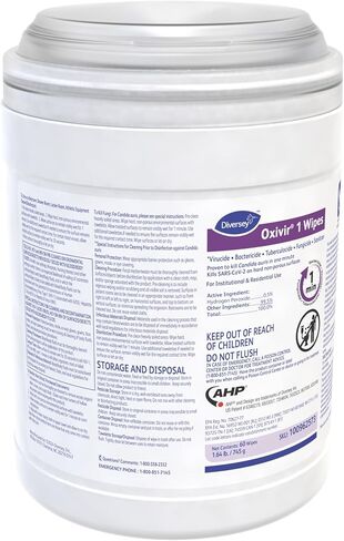 Oxivir Diversey 1 Disinfectant Wipes, AHP Hydrogen Peroxide Cleaner, Multi-Surface Cleaner for Home & Commercial Use, Large Wipes, 60 Count Canister in Kuwait