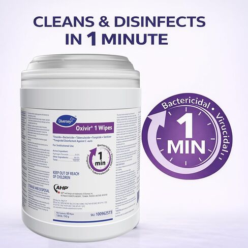 Oxivir Diversey 1 Disinfectant Wipes, AHP Hydrogen Peroxide Cleaner, Multi-Surface Cleaner for Home & Commercial Use, Large Wipes, 60 Count Canister in Kuwait