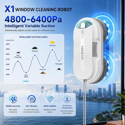 Window Cleaning Robot - Double Helix 4800-6400Pa Suction, Dual Ultrasonic Spray, 85ml Tank, Edge Detection, Anti-Drop, 3 Cleaning Modes for Streak-Free Glas in Kuwait