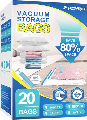 Fygrip Vacuum Storage Bags with Hand Pump, Plastic Packaging Bags, 80% Space Saver Vacuum Seal Bags for Clothing, Travel Lugggage, Blankets, Comforters, 20 Combo in Kuwait