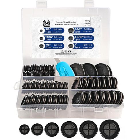 55Pcs Double-Sided Rubber Grommets kit in 6 Assorted Sizes 5/8",13/16",7/8",1",1-3/16",1-1/2"- Round & Waterproof Rubber Grommet - Ideal Solution for Wire Protection in Kuwait