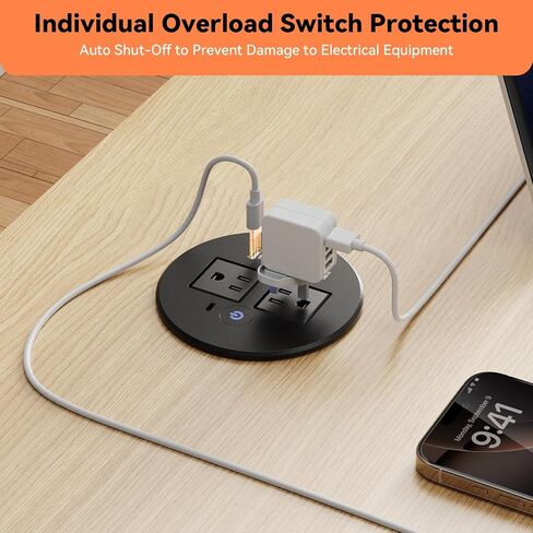 Desktop Power Grommet with Overload Protection Switch, 2 PD 20W USB-C Fast Charging, 2 QC3.0 18W USB-A, 80mm Recessed Outlet, Flush-Mount Power Grommet for Home Office in Kuwait